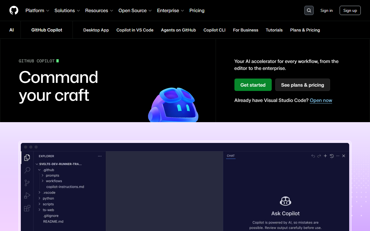 GitHub Copilot's product page — Pro is the cheapest solid subscription at $10/month