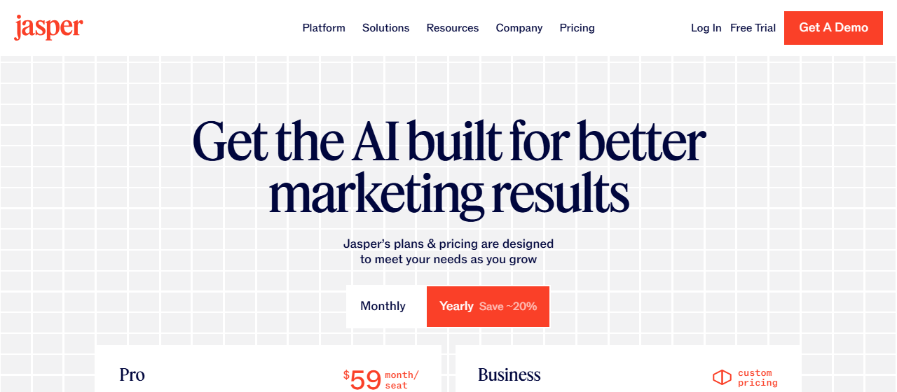 Jasper's pricing page: Pro at $59 per month per seat billed annually