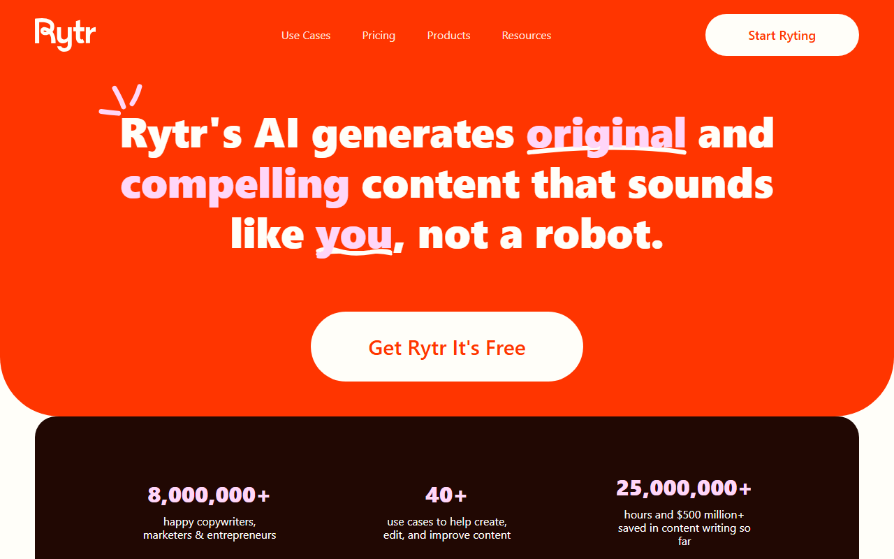 Rytr's homepage — the budget pick with a free tier