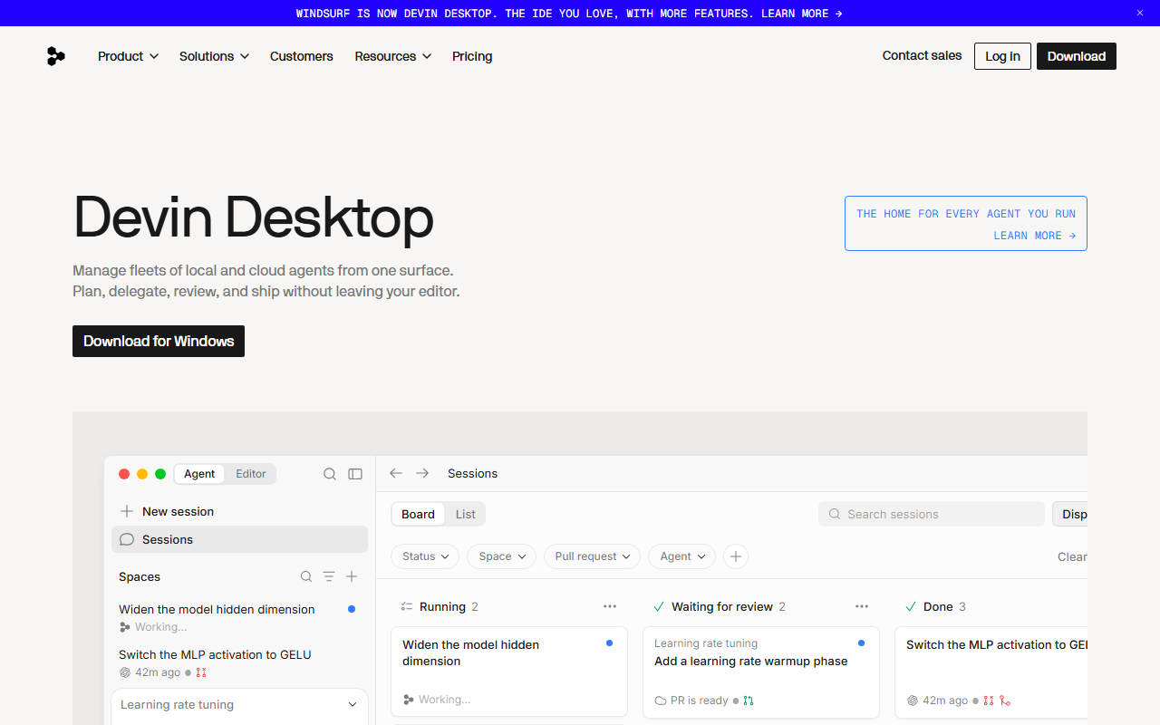 Windsurf's homepage after the Devin Desktop rebrand